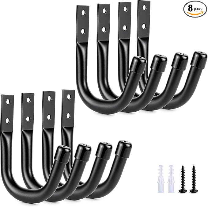 Heavy Duty Metal Wall Hooks Garage Organization Storage Hooks | Utility J Hooks, for Hanging Tool Coat, Ladders, Backpack Bag, Extension Cords, and Bags(8 Pcs - Black)