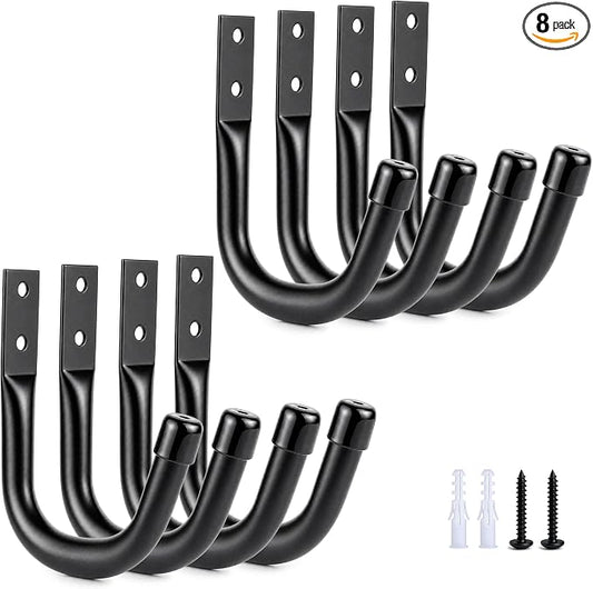 Heavy Duty Metal Wall Hooks Garage Organization Storage Hooks | Utility J Hooks, for Hanging Tool Coat, Ladders, Backpack Bag, Extension Cords, and Bags(8 Pcs - Black)