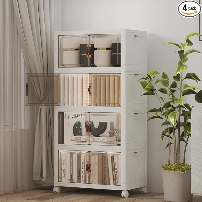 Stackable Storage Bins with Lids, 208QT Closet Organizers and Storage Cabinet with Doors & Wheels, Lockable Plastic Foldable Drawers for Bedroom Dorm Office Garage（52QT*4,White）