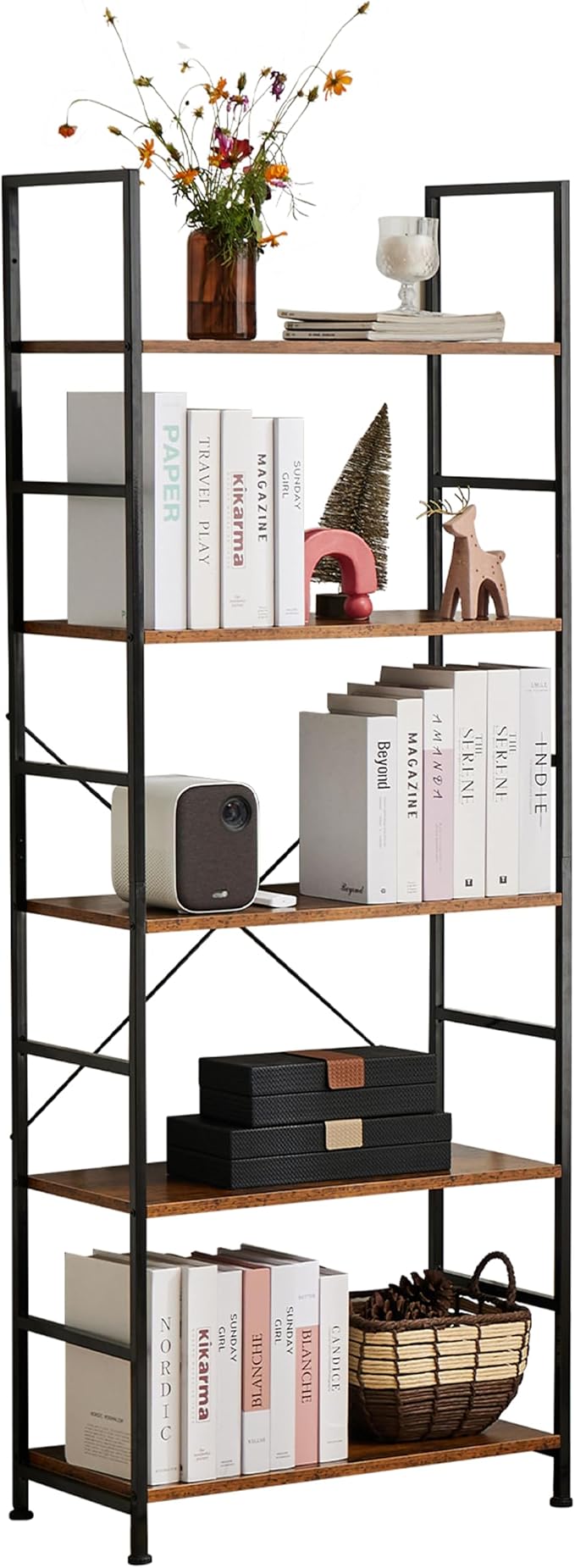 HealSmart 5 Tier Bookshelf, Free Standing Book Shelf Home Office Bookcase Shelf Storage Organizer for Bedroom, Living Room, Bathroom, Office, Balcony, Rustic Brown
