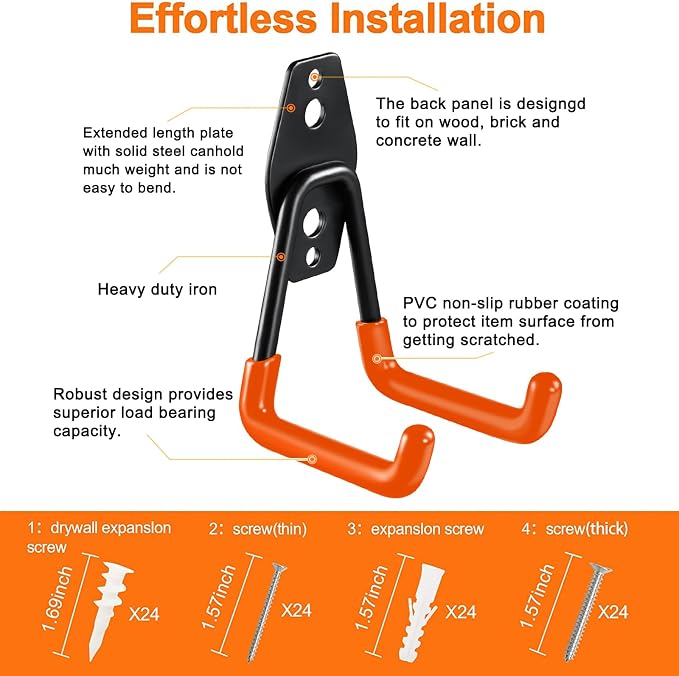 HUPBIPY 12 Pack Garage Hooks Heavy Duty, Wall Mount Ladder Hooks | Storage Organizer With a non-slip coating for Hanging Bicycles Garden Tools Ladders Hoses Ropes and Loose Items(Orange)