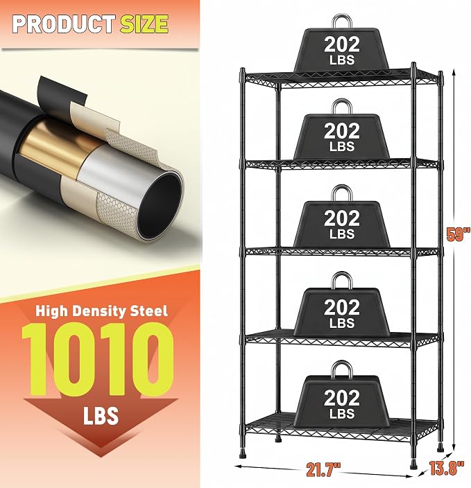 Romorgniz 5-Tier Adjustable Wire Shelving, 1010LBS, Kitchen Pantry, 2PC | Heavy duty Storage Shelves, Rust-resistant coating, Anti-tip design, For laundry Closet Bathroom, 59" Hx21.7" Wx13.8" D