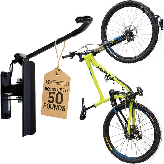 StoreYourBoard Swivel Bike Wall Mount, Vertical Rack for Garage | Swivel Bike Rack, Rubber Coated Hook, Multiple Position Lock, Holds 50 lb, Fits All Tires Up To 2.6 in