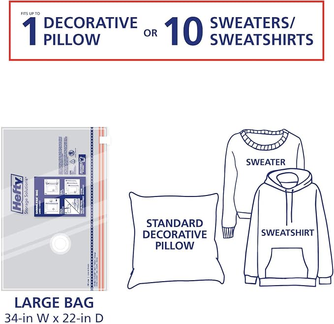 Hefty Shrink-Pak - 4 Large Vacuum Storage Bags for Clothes, Pillows, Towels, or Blankets - Space Saver Vacuum Sealer Bags Ideal Under Bed Storage Solutions