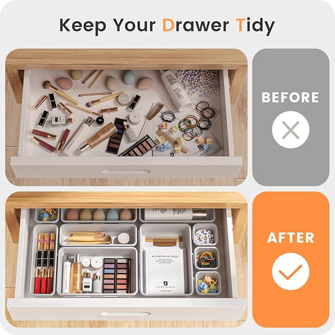 【Military Grade】A-LuGei Drawer Organizer,【𝟱𝗦𝗶𝘇𝗲】Makeup organizer,【Holds 177 Items】Bathroom Organizers and Storage,Organization and Storage,Desk Drawer Organizer for Vanity【White】