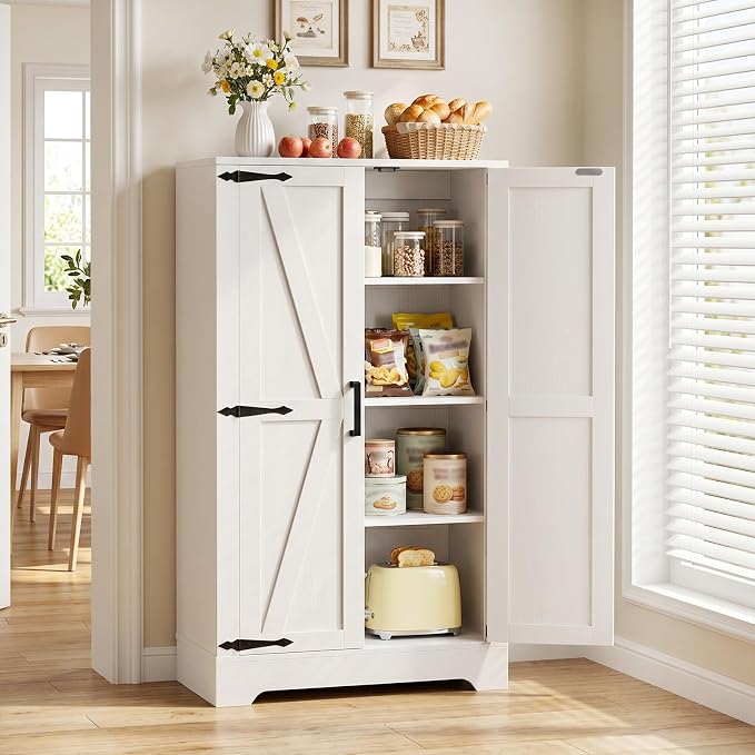 Unikito 43.3" Farmhouse Storage Cabinet with Doors and Adjustable Shelves | Wood Pantry Cabinet, Small Sideboard Cabinet, Short File Cabinet for Dining Room, Living Room, Bathroom, Home Office