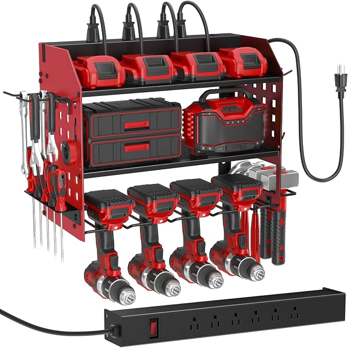 SUNALLY Power Tool Organizer Wall Mount with Charging Station,3 Layer, Red | Metal Tool Storage Rack with 4 Drill Holders, Heavy Duty Power Tool Shelf for Garage,Warehouse,Workshop, Gift for Men,Husband