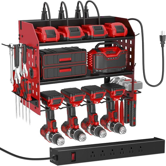 SUNALLY Power Tool Organizer Wall Mount with Charging Station,3 Layer, Red | Metal Tool Storage Rack with 4 Drill Holders, Heavy Duty Power Tool Shelf for Garage,Warehouse,Workshop, Gift for Men,Husband