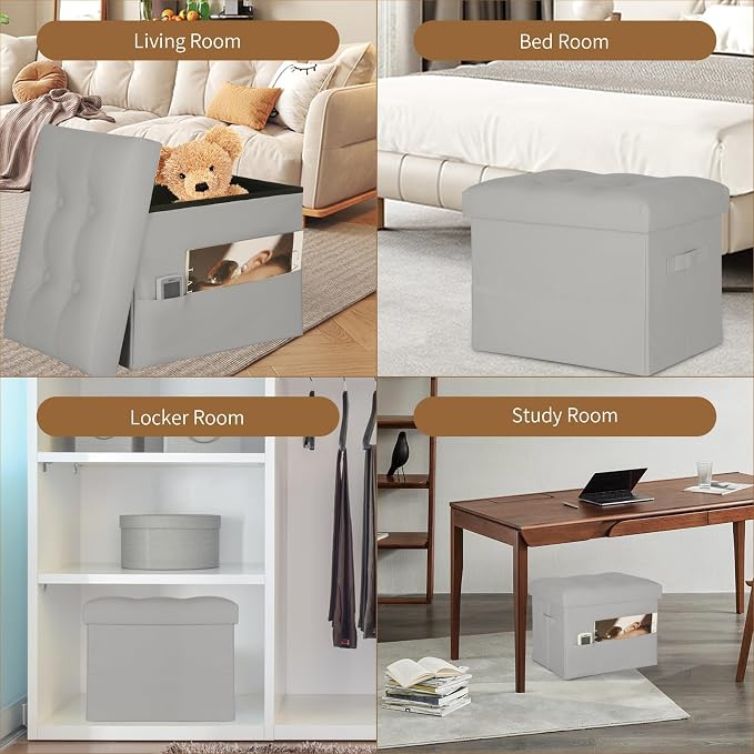 Ottoman with Storage. Foldable Foot Stool with Thick Foam Padded Seat, Grey | Small Ottoman Foot Rest for Living Room Bedroom Home Office, Foot Stools Ottoman with Side Pockets and Handles, 17x13x13in