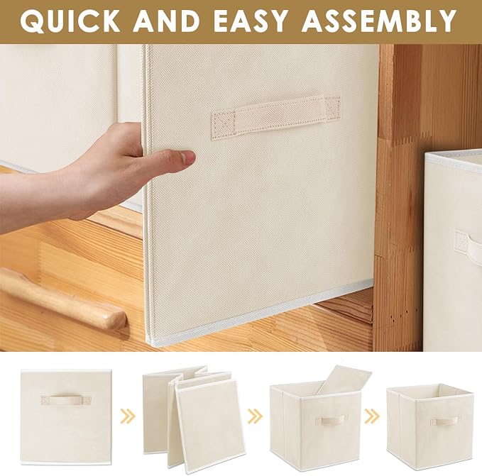 Criusia Storage Cubes, 11 Inch Clothes Storage Bins with Dual Handles (10 Pack), Fabric Collapsible Storage Bins for Shelves Closet, Cubby Organizer Bins for Clothing Toys Blanket Magazines (Beige)