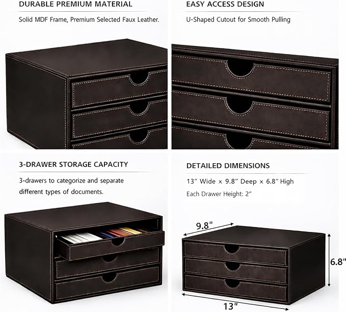 UnionBasic Leather Desktop Drawer Organizer, File Cabinet Magazine Document Holder, Office Supplies Desk Storage Organizer Box, 3 Drawer, Coffee