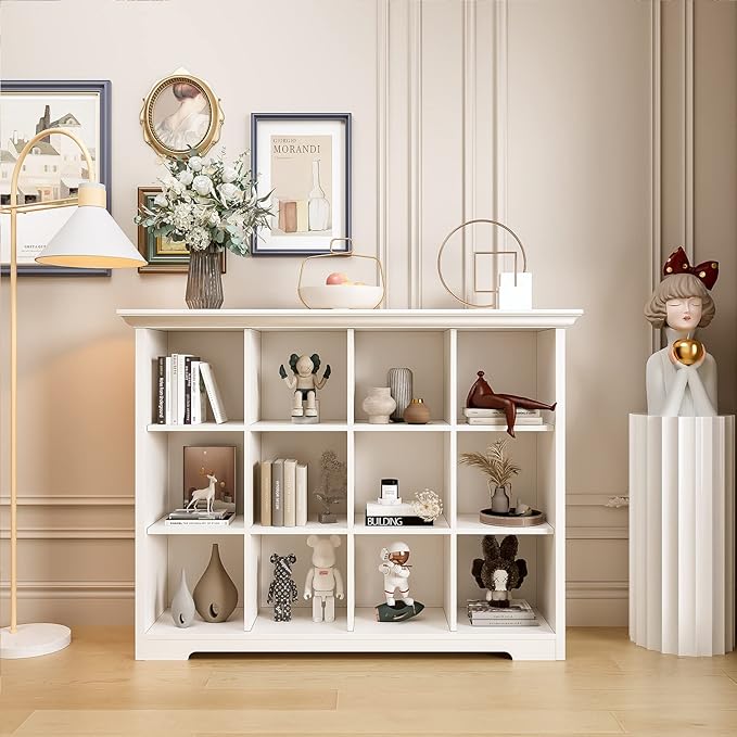 OSCHF 12-Cube Open Bookcase with Base, 3-Tier Wooden Bookshelf, White | Curved Base, Crown Molding, Fits 11×11" Bins, Modern Storage Cabinet for Living Room, Bedroom, Home Office