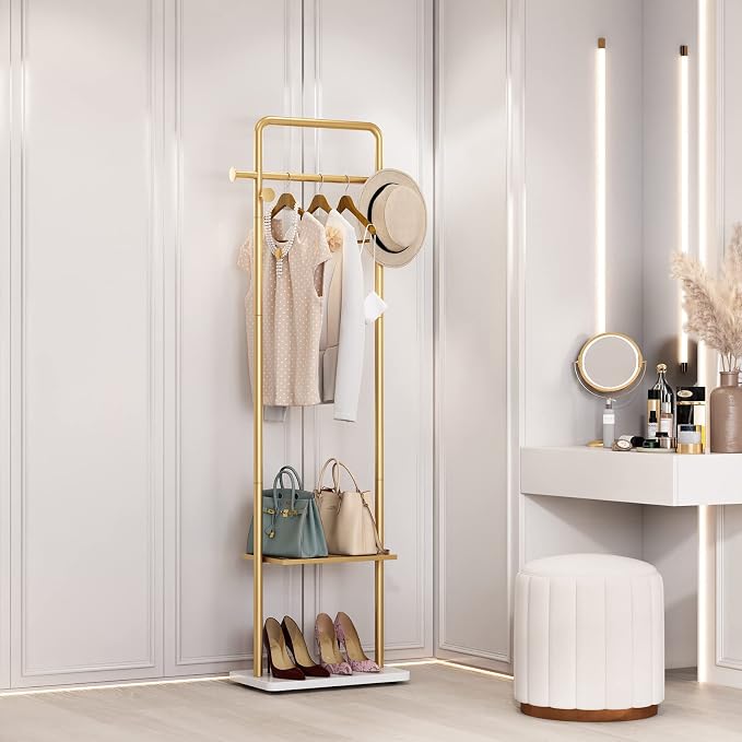 TIEOU Gold Clothes Racks with Shelf, Heavy Duty Gold Clothing Racks for Boutiques, Free-Standing Metal Garment Rack for Hanging Clothes, Modern Coat Rack Entryway(2 tier)