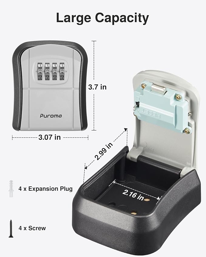 Puroma 2 Key Lock Box Combo Wall-Mounted Storage Safe Lockbox Home Office | Outside, Portable, Wall Mount, Resettable, Combination, Weatherproof, High-capacity, Hold 5 Keys, Contractor Guest Realtor
