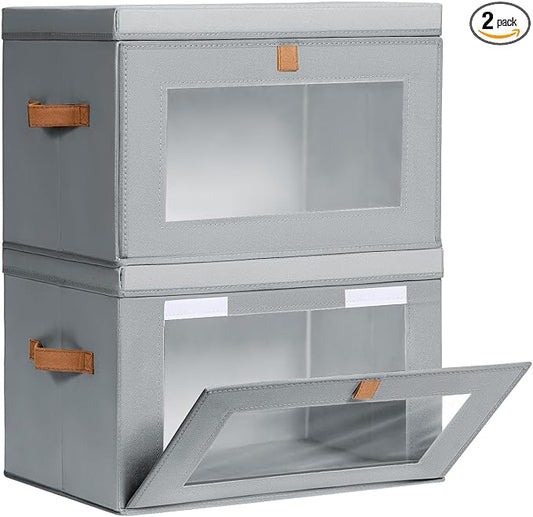 Homsorout Large Closet Storage Organizer - Clothes Storage Bins with Handles & Window, Collapsible Decorative Boxes with Lids, Fabric Containers for Living Room, Dorm, 2 Pack, Grey