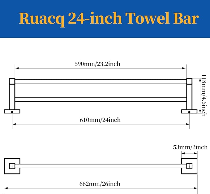 RUACQ Double Towel Bar, 24 Inch Towel Racks for Bathroom Wall Mounted, 304 Stainless Steel Bath Towel Rod with Square Base(Chrome)