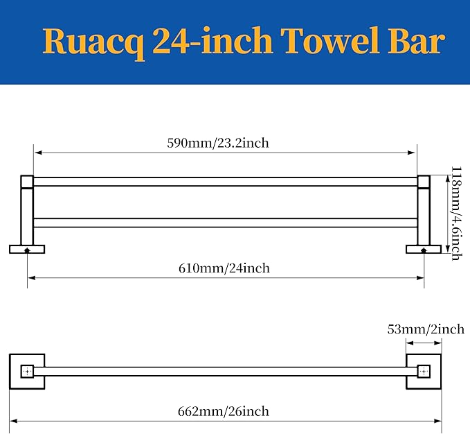 RUACQ Double Towel Bar, 24 Inch Towel Racks for Bathroom Wall Mounted, 304 Stainless Steel Bath Towel Rod with Square Base(Brushed Nickel)