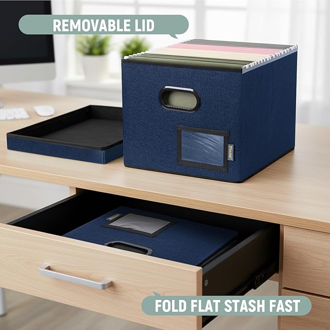BALEINE File Organizer Box with Lid, Collapsible File Folder Organizer with Plastic Slide, Filing Box for Office Home Document Organizer Storage (Blue, 4PK)