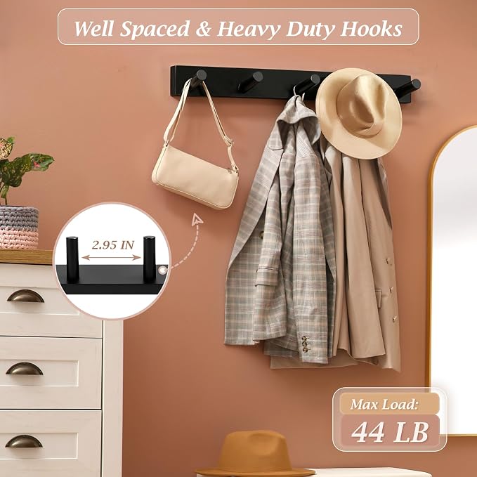 Coat Rack Wall Mount, Wooden Coat Hanger, Black, 1 Pcs | Heavy Duty, 5 Sturdy Rounded Hooks, Bamboo Wood Material, for Entryway, Doorway, Living Room, Kid's room, Living Room, Closet