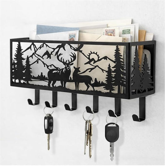 Deer Metal Wall Mail Organizer Wall Mounted Key and Mail Holder Mail Basket Hanging Mail Sorter and Key Organizer for Entryway Bedroom Bathroom