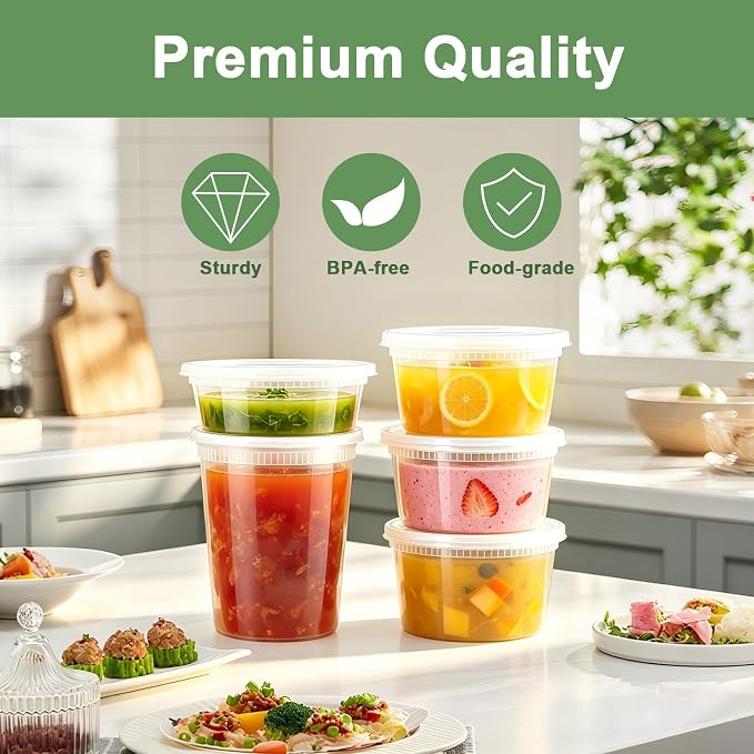 Deli Containers with Lids 48 Sets, 32/16/8 oz X 16 Set Each | BPA Free Plastic Food Containers with Lids for Soup and Takeout Meal Prep Storage, Freezer, Microwave and Dishwasher Safe
