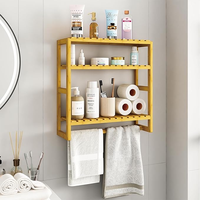 Galood Over The Toilet Storage Bathroom Shelves Wall Mounted 3 Tier Space Saver Corner Shelf Organizer Bamboo Towel Rack Toilet Paper Cabinet with Hanging Rod Yellow