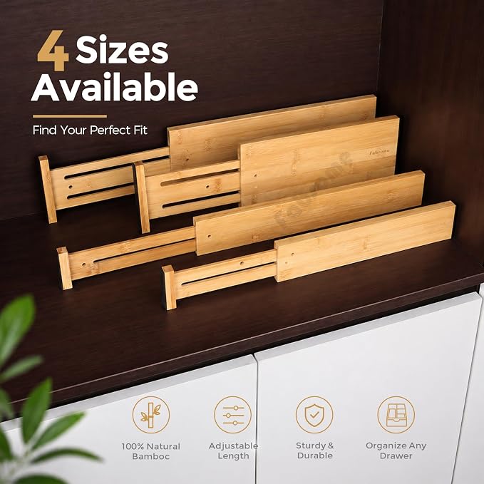 Fabsome Dresser Drawer Organizers 6 Pack, 4.65'' High Adjustable from 12.5-17‘’ Bamboo Drawer Dividers for Clothing Baby Clothes, Wooden Separators for Dresser Nursery Organization with Soft Foam Ends