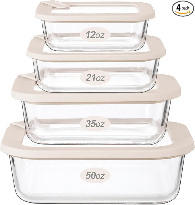 Glass Food Storage Containers with Glass Lids, Microwave Safe Food Container Set, Aitight Meal Prep Container Set, LeakProof, 100% Plastic Free, 4 Pack