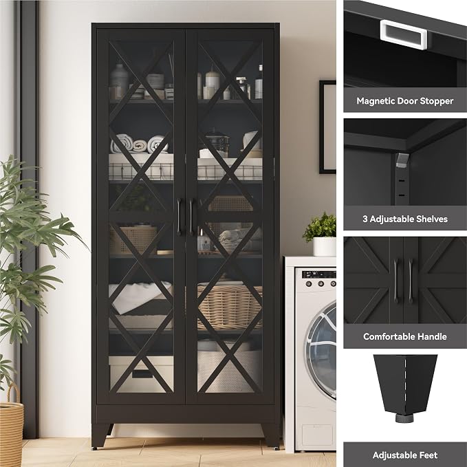 71" Tall Display Cabinet with Glass Doors, Farmhouse Metal Storage Glass Cabinet with 4 Adjustable Shelves, Black Vintage Tall Storage Cabinet for Collectibles,Curio, Books, Chinaware, Figures