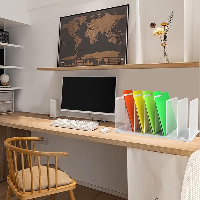 Kuntine.B 7-Section Upright Desk File Organizer White 1 Pack | Vertical, Mesh, Metal, Assembly, Stability, Sturdiness, Organization, Standing