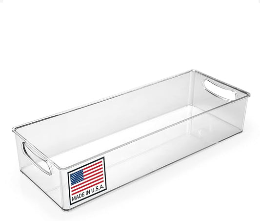 Pikanty Clear Refrigerator Organizer Bin with Handles — 15 Inch Stackable Fridge and Pantry Storage Container for Snacks, Produce, Cans, Yogurt, Condiments, Dishwasher and Freezer Safe, Made in USA