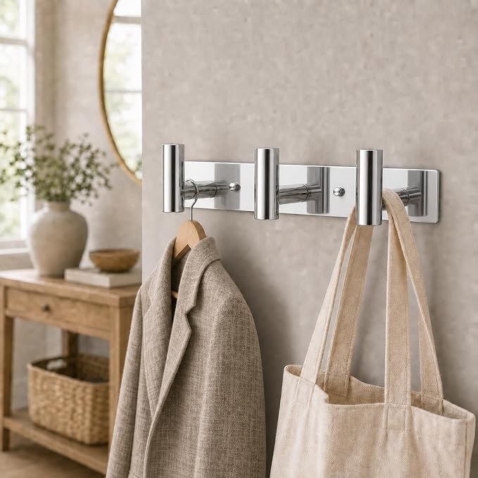 Wall Mounted Coat Rack-3 Hooks, Heavy Duty Stainless Steel Wall Hooks for Towel Coat Bag, Hat Rack Hanger Coat Hooks Towel Racks for Bathroom Entryway Kitchen Hotel (Glossy Chrome, 1 Pack)