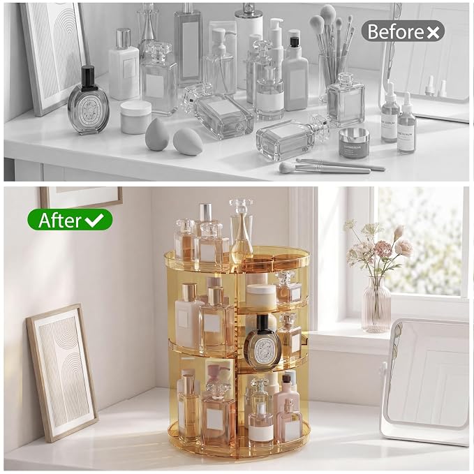 Rotating Makeup Organizer, DIY 8 Adjustable Layers Spinning Skincare Storage, Cosmetic Display Case with Brush Holder and Perfume Tray, Multi-Function Vanity Bathroom Countertop Organizer Clear Gold