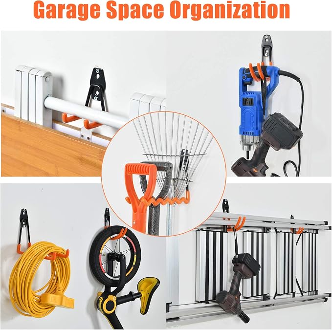 AOBEN 24PCS Garage Hooks, Heavy Duty Double Garage Hanger Organizer Wall Mount Iron Anti-Slip Garage Storage Hooks for Ladder, Power Tool,Bike,Ropes（23 Hooks & 1 hoder Strap-Black