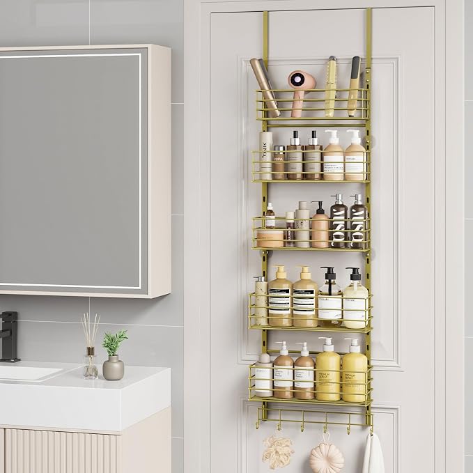 SWTYMIKI Over The Door Organizer - Door Organizer Hanging with 5 Adjustable Metal Large Capacity Basket and 6 Coat Hook, Wall Mounted Shelf for Bedroom Closet Bathroom Laundry Pantry Cabinet Kitchen