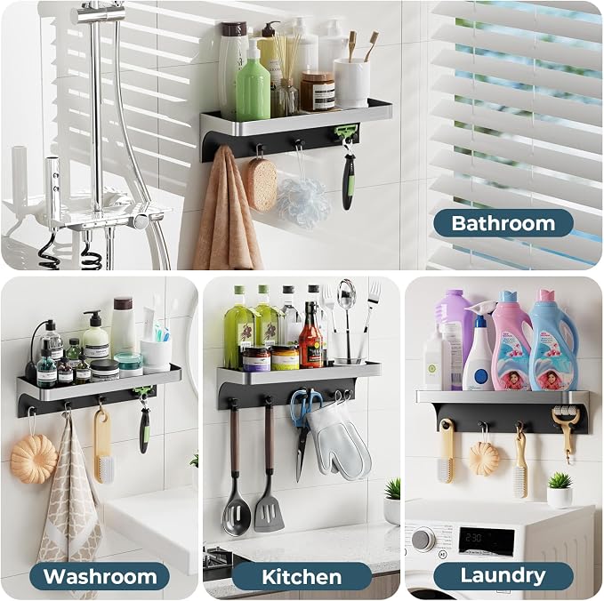 Shower Caddy Adhesive with 5 Hooks & Drainage, No-Drill, Silver | Plastic Wall Bathroom Shelf Rack Organizer, Inside Shower Storage Holder for Bath Accessories, Rustproof Bathroom Shelves