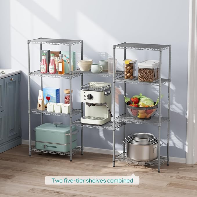 SINGAYE 5 Metal Shelves Wire Shelving Storage Shelf Adjustable Unit Pantry | 5 Tier Kitchen Laundry Room Organization Home Pantry Closet Bathroom Organizers Garage Rack 14" D x 24" W x 59.5" H Gray