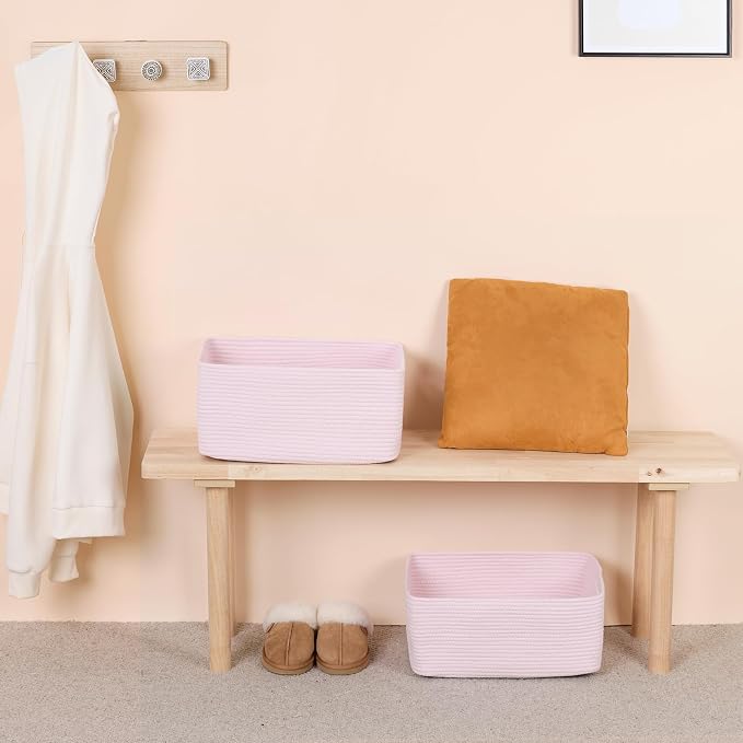 MiniArk Large Storage Baskets for Organizing, 17 x 13 x 7.5” Closet Shelf Baskets for Clothes Blanket Towels, Baby Nursery, Toy Bins Box, Woven Rope Baskets, 4 Packs Light Pink