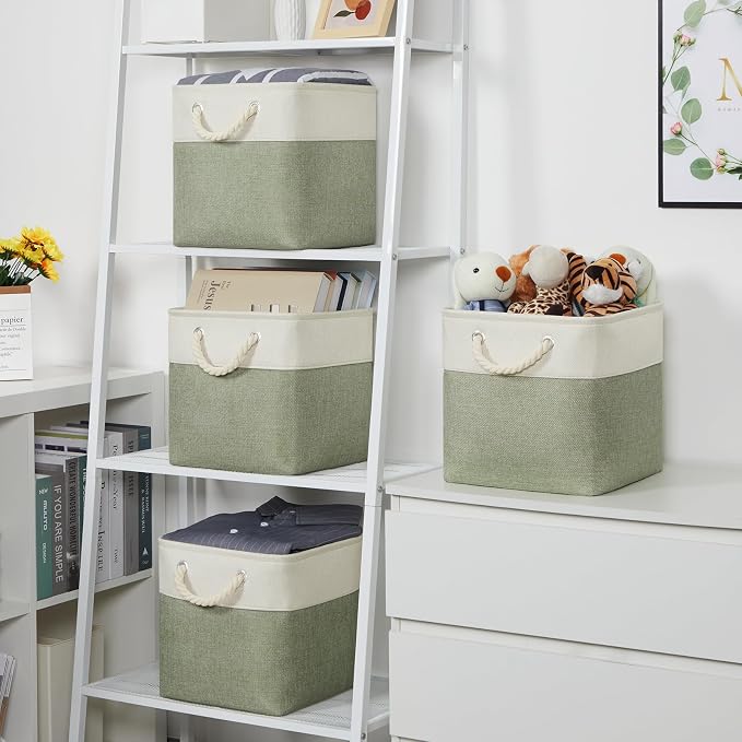 Temary Cube for Shelves 11 Inch Bin 4Pack Fabric Storage Baskets for Organizing Toys, Clothes, Decorative Baskets with Rope Handles (White&Green)