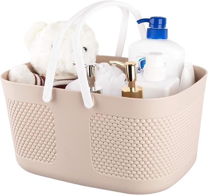 Portable Plastic Shower Caddy Basket Organizer with Handles, Khakis | Large Capacity Storage Tote for Bathroom, College Dorm Essentials, Bath Toy Storage, Kitchen