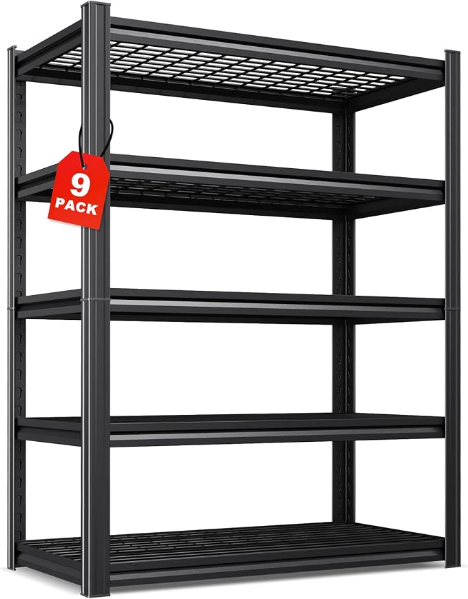 Set of 9-71"H Garage Shelving-3000LBS 5 Tier Storage Shelves,Adjustable Heavy Duty Metal Shelving Unit and Storage Large Wire Rack,Utility Steel Shelf For Shop Warehouse Industrial Pantry 71"x35"x16"