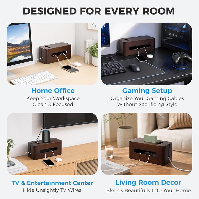 Large Wooden Cable Management Box, Cord Organizer for Power Strip, Surge Protector & Chargers, Ventilation Holes & Multi Cable Slots, Wire Hider for Desk, TV, Office & Gaming Setup