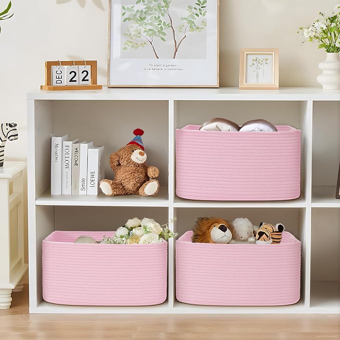 3 Pack Large Storage Basket for Organizing, 17.5"x13"x7" Woven Basket for Shelves, Closet Cube Storage Bins with Wrapped Handle, Cotton Rope Baskets for Kitchen, Clothes, Toys(Light Pink)