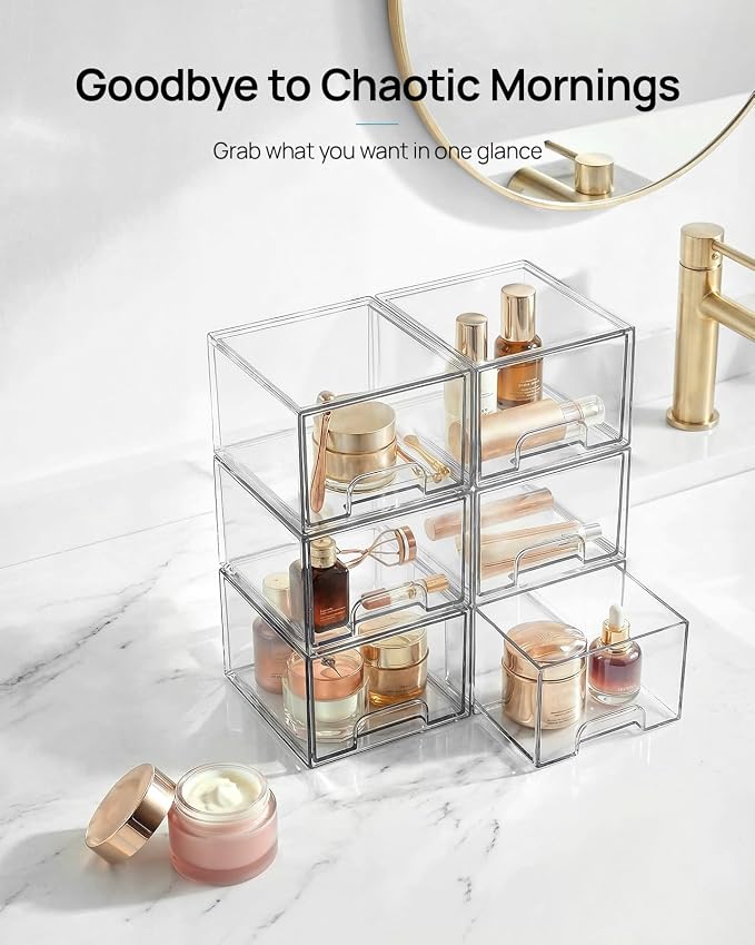 Vtopmart 2 Pack Small Clear Stackable Storage Drawers,Acrylic Bathroom Makeup Organizer,Plastic Storage Bins for Vanity, Undersink, Kitchen Cabinets, Pantry, Home Organization