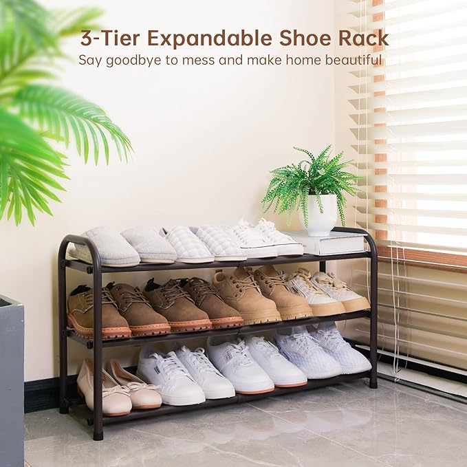 Gonfoam Expandable 3-Tier Shoe Rack for Closet and Entryway, Bronze | Tool-Free Assembly, Metal Material, Adjustable Shoe Organizer, Sturdy, Small Space Solution, Dorms, Garages, Apartments.