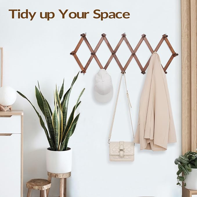 SCUNDA Hat Rack for Wall, Expandable Wall Hat Holder with 16 Hooks, 16 inch Wooden Wall Hook for Baseball Caps,Cowboy, Bag,Hoodie(Brown)