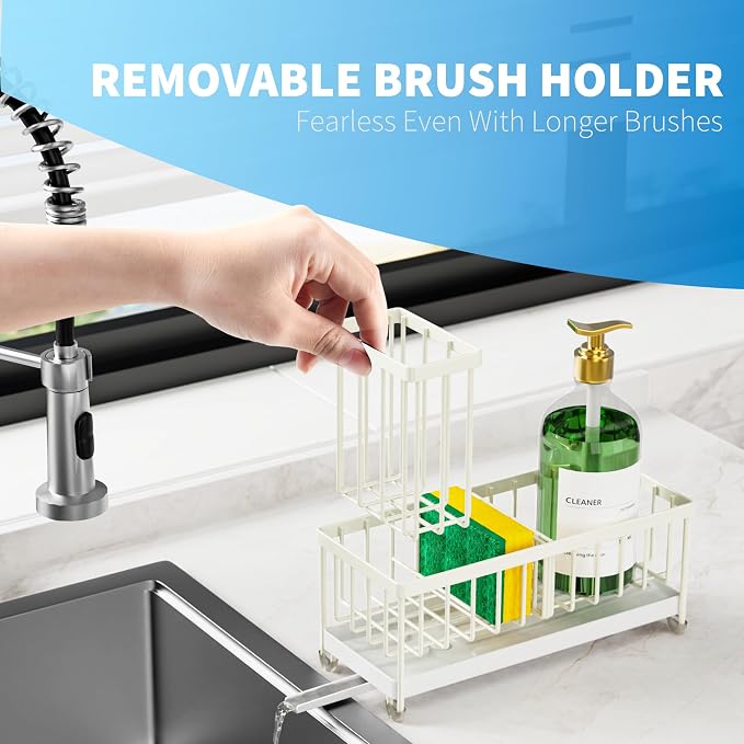 Cisily Sponge Holder for Kitchen Sink, Sink Caddy Organizer with High Brush Holder, Kitchen Countertop Organizers and Storage Essentials, Rustproof 304 Stainless Steel (Cream, 9.25″)