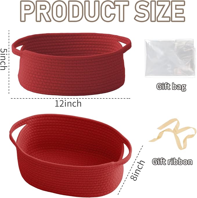 JMvicyroam Small Woven Basket, Empty Gift Basket, Red/1 Pack | Small Gift Basket, Cotton Rope, 12 x 8 x 21 in, Handles, Includes Ribbon and Bag, Birthday Gift Basket