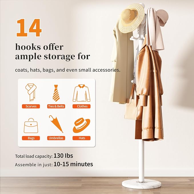 Metal Coat Rack Stand Coat Rack Freestanding with 360° Rotary,White | Modern Coat Rack with 360° Rotary Design Sturdy Heavy Duty Hall Tree Hats Hanger Holder Stand 14 Hooks for Hallway Office