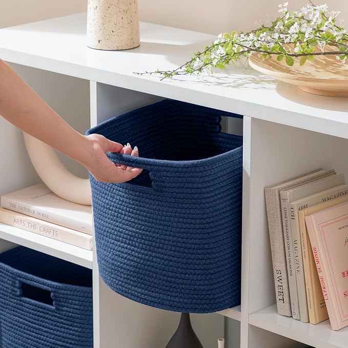 UBBCARE Set of 4 Cotton Rope Basket 12 X 12 X 12 Inches, Woven Storage Baskets for Shelves, Organizing with Handles, Cube Storage Bins for Storage Books, Magazines, Navy Blue